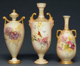 Two Royal Worcester vases and a vase and cover, 1901, 1903 and 1910, similarly printed and painted