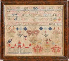 A Victorian linen sampler, Alice Sarginson ad 13 1854, worked with a mansion, bird, dog,