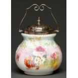 An EPNS mounted Royal Doulton bone china biscuit barrel, c1910, printed and painted with flowers,