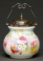 An EPNS mounted Royal Doulton bone china biscuit barrel, c1910, printed and painted with flowers,