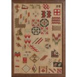 A linen spot motif sampler, first half 19th c, the motifs including cat, cross, others of