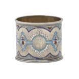 A Russian silver and champleve enamel napkin ring, engraved initials and coronet, 43mm h, indistinct