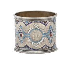 A Russian silver and champleve enamel napkin ring, engraved initials and coronet, 43mm h, indistinct
