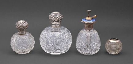 A silver and blue guilloche enamel mounted cut glass scent bottle, with plated glass atomiser
