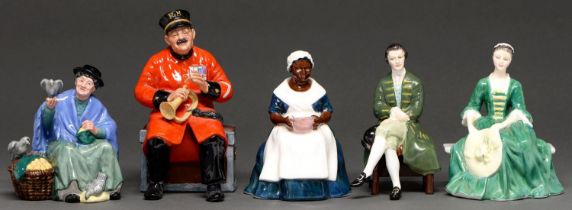 Five Royal Doulton earthenware figures, comprising Past Glory, A Lady from Williamsburg, A Gentleman