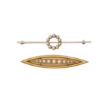 A split pearl shuttle shaped brooch, c1910, in gold, 47mm, marked 15ct and a cultured pearl bar