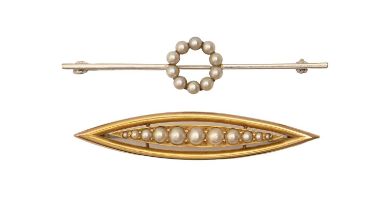 A split pearl shuttle shaped brooch, c1910, in gold, 47mm, marked 15ct and a cultured pearl bar