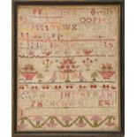 A George IV wool sampler, ...1830, worked with birds, plants, letters and numbers, 27.5 x 23.5cm,