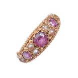 A Victorian ruby and split pearl ring, in gold, 3.3g, size N Lacking one pearl, two of the other