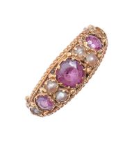 A Victorian ruby and split pearl ring, in gold, 3.3g, size N Lacking one pearl, two of the other
