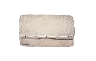 A Victorian silver snuff box, the lid with engraved border, 75mm l, marks rubbed, Birmingham 1892,