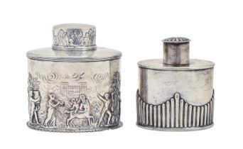 A Victorian oval silver tea caddy and cover, stamped with a continuous bacchanal between reeded