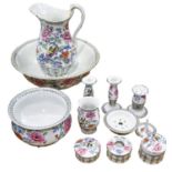 A Losol Ware toilette service, c. 1900, comprising wash jug and bowl, chamber pot, a pair of