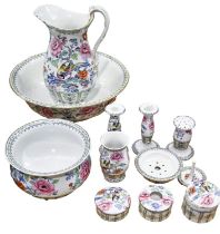 A Losol Ware toilette service, c. 1900, comprising wash jug and bowl, chamber pot, a pair of