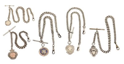 Five silver alberts, early 20th c, each with silver watch fob shield or a coin, various lengths,