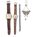 Two gold plated gentleman's wristwatches, a silver and plique a jour enamel butterfly brooch, a