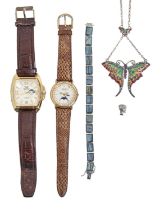 Two gold plated gentleman's wristwatches, a silver and plique a jour enamel butterfly brooch, a