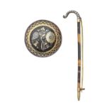 A diamond and gold mounted tortoiseshell crook brooch, 19th c, 10cm h, base metal pin and tip, and a