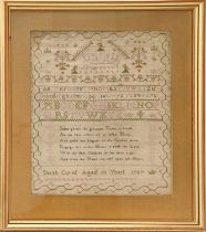 A George III linen sampler, Sarah Curtis aged 13 years 1787, finely worked with birds, trees and