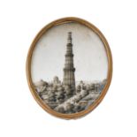 Delhi School, mid 19th c - The Qutb Minar, en grisaille, ivory, oval, 59mm, brass frame  Please note