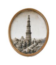 Delhi School, mid 19th c - The Qutb Minar, en grisaille, ivory, oval, 59mm, brass frame  Please note