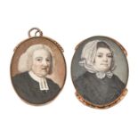 English School, late 18th c - Portrait Miniatures of a Divine; a Lady, in powered wig or cap and