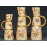 One and a pair of Royal Worcester claret jugs, 1898 and 1908, printed and painted with flowers on