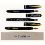 Three Conway Stewart blue or green celluloid "Dinkie" fountain pens, one boxed Good condition