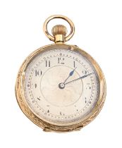 A Swiss 18ct gold keyless lever lady's watch, c1900, with engraved, silvered dial in foliate