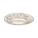 A Victorian oval silver wirework sweetmeat dish,, the border applied with wheat and grapes, in