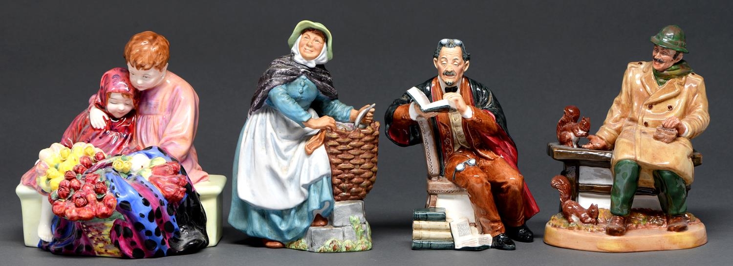 Three Royal Doulton bone china and earthenware figures and a group, comprising The Professor,