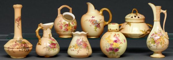 Two Royal Worcester pot pourri jars and covers, two vases and a jug, c1900, similarly printed and