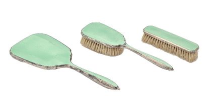 A George VI silver and green guilloche enamel brush set, by W G Sothers Ltd, Birmingham 1946 (3)
