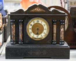 A French marble and noir belge mantel clock, of architectural form, late 19th c, 27.5cm h and a