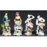 Two pairs of Continental porcelain figures of shepherds, late 19th c and later, 23 and 25.5cm h,