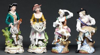 Two pairs of Continental porcelain figures of shepherds, late 19th c and later, 23 and 25.5cm h,