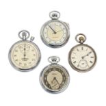 A silver keyless lever watch, a plated example and two stopwatches (4) Glass of one cracked, all