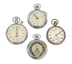 A silver keyless lever watch, a plated example and two stopwatches (4) Glass of one cracked, all