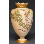 A Royal Worcester vase, 1891, decorated with ferns on a blushed ivory ground, 23cm h, puce printed