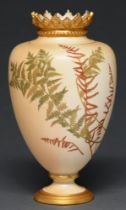 A Royal Worcester vase, 1891, decorated with ferns on a blushed ivory ground, 23cm h, puce printed