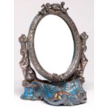 A French silver deposit blue ground porcelain dressing mirror, early 20th c, the bevelled oval plate
