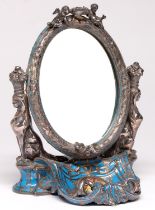 A French silver deposit blue ground porcelain dressing mirror, early 20th c, the bevelled oval plate