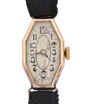 A 9ct gold octagonal lady's wristwatch, with oval movement and dial, wire lugs, 16 x 26mm, import