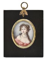 19th c School - Portrait miniature of a Young Woman, with curly long light brown hair and pearls, in