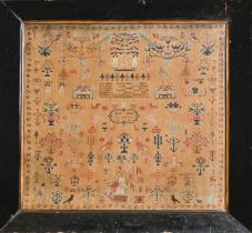 A William IV linen sampler, Jane Allan aged 14 years 1831, worked with named figures of ADAM and