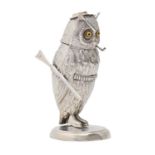 A silver plated zoomorphic sportsman' figural statuette in the form of an owl, late 20th c, on