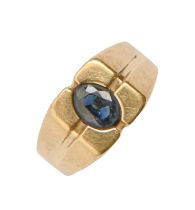 A sapphire ring, in gold, indistinct control mark, 9.3g, size T Slight wear