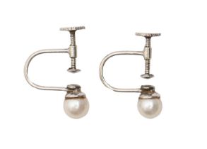 A pair of cultured pearl earrings, in white gold with 5mm cultured pearl, marked 9ct, 1.6g Good