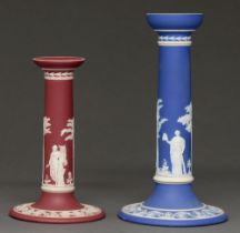 A Wedgwood dark blue jasper candlestick, 19th c, 25.5cm h, impressed WEDGWOOD, another, crimoson,