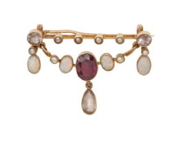 An amethyst, opal, split pearl and white stone articulated festoon brooch, c1910, in gold, by Murle,